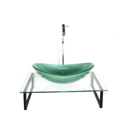 Kit Cuba De Vidro Verde Tampo Com Suporte Torneira Valvula