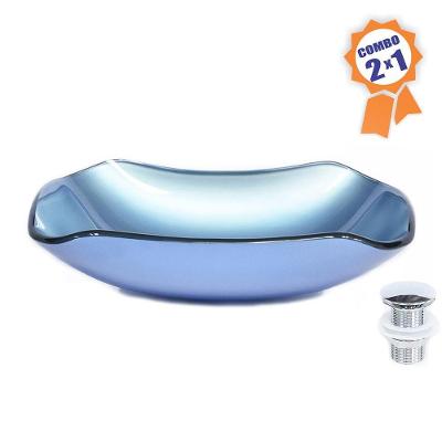 Cuba De Vidro Retangular Abaulada 45cm Azul + Válvula Click