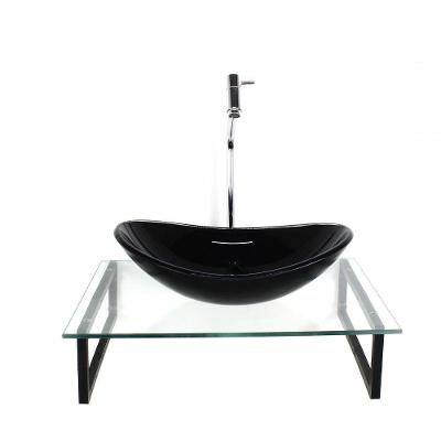 Kit Cuba De Vidro Preta Tampo Com Suporte Torneira Valvula