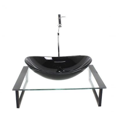 Kit Cuba De Vidro Oval 10mm Tampo 50cm Preto Com Suporte Torneira Valvula