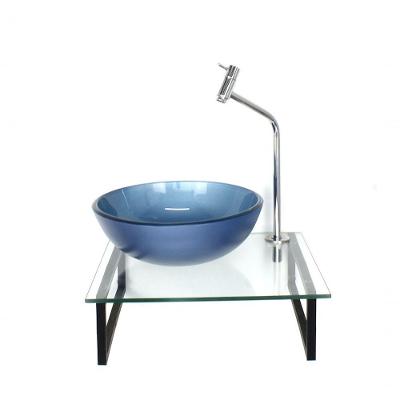 Kit Cuba De Vidro Redonda 10mm Azul Com Tampo 40cm Incolor E Suporte Preto