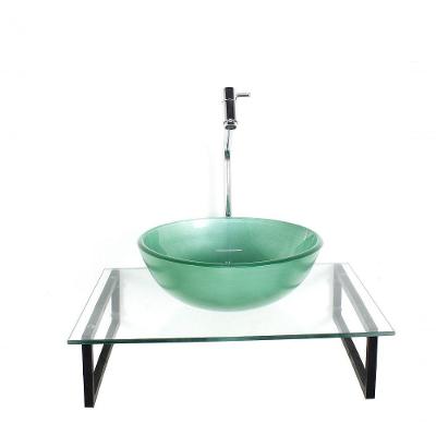 Kit Cuba De Vidro Redonda 10mm Verde Tampo 50cm Incolor Com Suporte Torneira Valvula