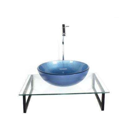Kit Cuba De Vidro Redonda 10mm Azul Com Tampo 50cm Incolor E Suporte Preto