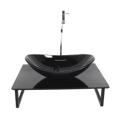 Kit Cuba De Vidro Oval 10mm Com Tampo 50cm Preto Full E Suporte Preto