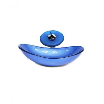 Cuba De Vidro Oval 55cm Azul + Valvula + Torneira Cascata
