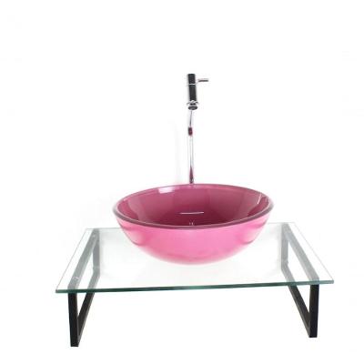 Kit Cuba De Vidro Redonda 10mm Rosa Tampo 50cm Incolor Com Suporte Torneira Valvula