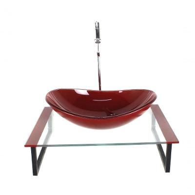 Kit Cuba De Vidro Oval 10mm Tampo 50cm Vermelho Cereja Com Suporte Torneira Valvula