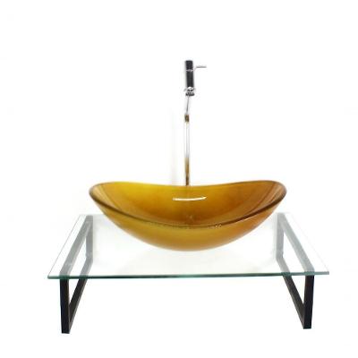 Kit Cuba De Vidro Dourado Tampo C/ Suporte Torneira Valvula