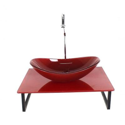Kit Cuba De Vidro Tampo Vermelho + Suporte Torneira Valvula