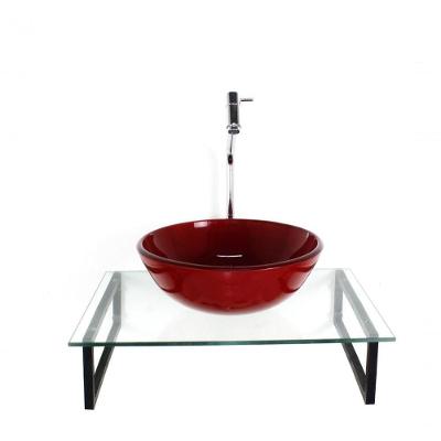 Kit Cuba De Vidro Redonda 10mm Vermelho Ferrari Tampo 50cm Incolor Com Suporte Torneira Valvula