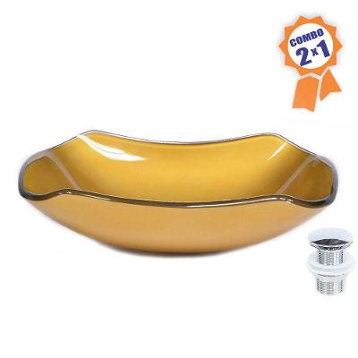 Cuba De Vidro Retangular Abaulada 45cm Dourado+Válvula Click