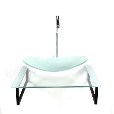 Kit Cuba De Vidro Oval 10mm Tampo 50cm Branco Com Suporte Torneira Valvula