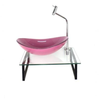 Kit Cuba De Vidro Rosa Com Tampo 40cm E Suporte Preto