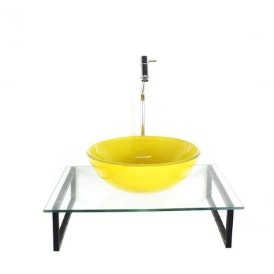 Kit Cuba De Vidro Redonda 10mm Amarela Tampo 50cm Incolor Com Suporte Torneira Valvula