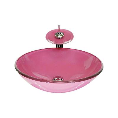 Cuba De Vidro Redonda 42cm Rosa + Valvula + Torneira Cascata