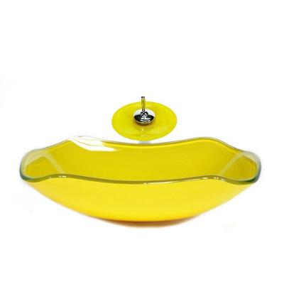 Cuba De Vidro Abaulada 51cm Amarelo+Valvula+Torneira Cascata