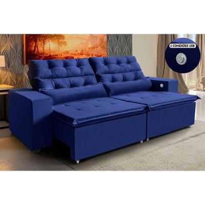 Sofá 3 Lugares 2,12m Azul Retrátil Reclinável 3 Portas Usb