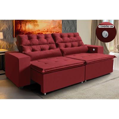 Sofá 3 Lugares Retrátil 2,12m 3 Portas Usb Vermelho