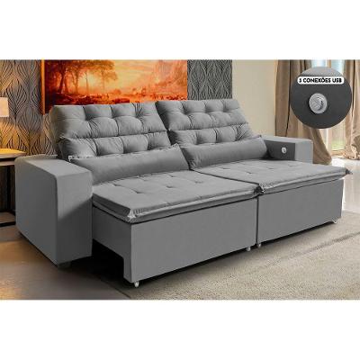 Sofá Usb, 3 Lugares Retrátil Reclinável 2,12m 3 Portas Cinza