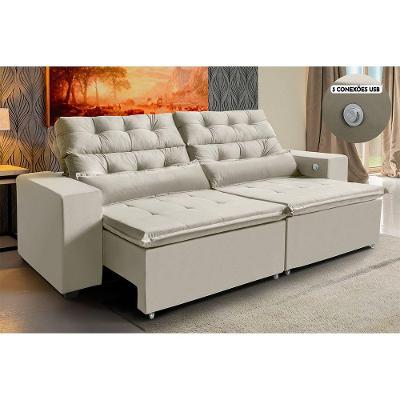 Sofá 4 Lugares 252cm Retrátil, Reclinável, 3 Portas Usb Bege
