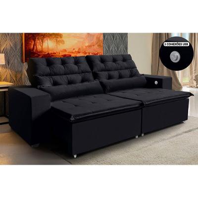 Sofá Usb, 3 Lugares Retrátil Reclinável 2,12m 3 Portas Preto