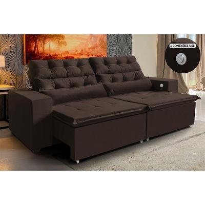 Sofá 3 Lugares 212cm Retrátil Reclinável 3 Portas Usb Marrom