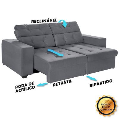 Sofá 3 Lugares 2,10m Retrátil +2 Puffs Pés Palito Cinza