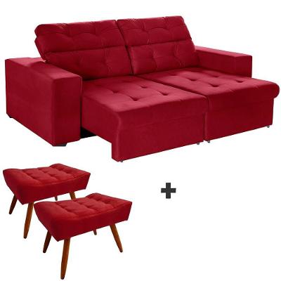 Sofá 3 Lugares 2,00m Retrátil Reclinável +2 Puffs Vermelho