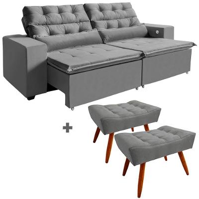 Sofá 4 Lugares Cinza Retrátil 252Cm C/3 Portas Usb E 2 Puffs