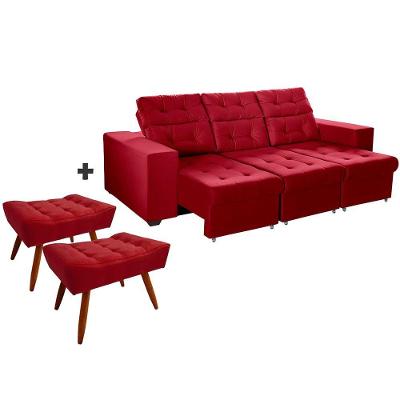 Sofá 4 Lugares 2,25m Retrátil +2 Puffs Pés Palito Vermelho