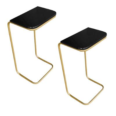 Kit 02 Mesas Lateral Tampo Preto Multiuso para Sofá Dourado