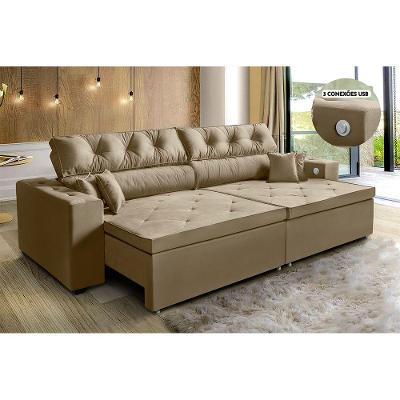 Sofá 5 Lugares Smart 302cm Castor Retrátil Carregamento Usb