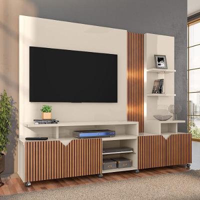 Estante Home Cross Off White/Tauari Ripado Para Tvs Até 55 Polegadas 4 Portas, Luzes Led Embutidos
