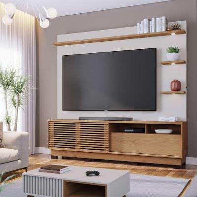 Estante Home Sala De Estar 200cm Navagio Led Off White/freijó G73 - Gran Belo