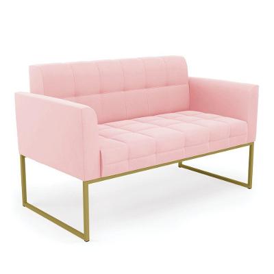 Sofá Namoradeira Elisa Suede Rosa Bebê Base Metálica Industrial Dourada - D'rossi