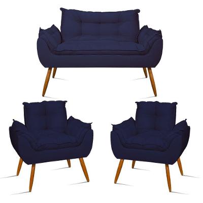 Kit Sofá Opala + 2 Poltronas Opala Sala De Estar Cor:azul Marinho
