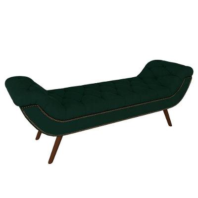 Puff Recamier Calçadeira 195cm Pés Palito Madeira Vêneto P02 Veludo Verde Musgo