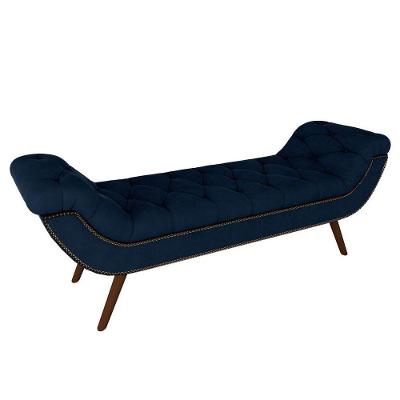 Puff Recamier Calçadeira 160cm Pés Palito Madeira Vêneto P02 Veludo Azul Marinho