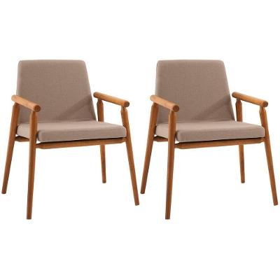 Kit 2 Cadeiras Decorativas Base Madeira F56 Linho Bege Dmobiliario Bege
