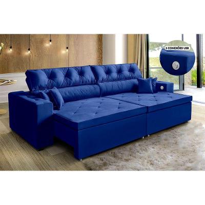 Sofá 3 Lugares Retrátil 2,02 M, Tecnologia Usb Azul