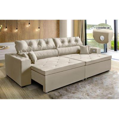 Sofá 3 Lugares 212cm Retrátil, Tecnologia Usb Bege