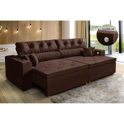 Sofá 3 Lugares 202cm Retrátil, Tecnologia Usb Marrom