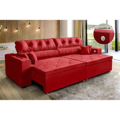 Sofá 3 Lugares Retrátil, 2,02 M Tecnologia Usb Vermelho