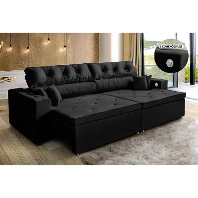 Sofá 3 Lugares Preto Retrátil 2,12 M Tecnologia Usb