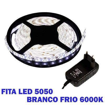 Fita Led 5050 Branco Frio Rolo 5M Com Fonte 12V 5A