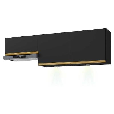 Kit 2 Armários De Cozinha Aéreos 3 Portas Com Leds Veneza Multimóveis Mp2146 Preto/dourado Preto/dourado