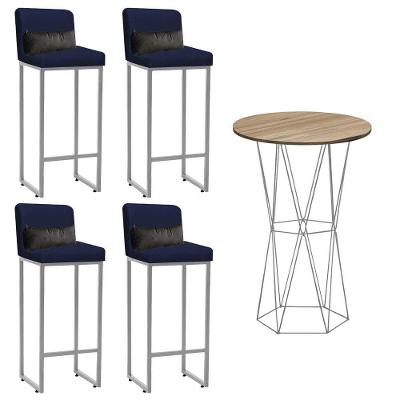 Kit Mesa Bistrô E 4 Banqueta Tampo Castanho Ferro Prata Suede Azul Marrom E Almofada Cinza