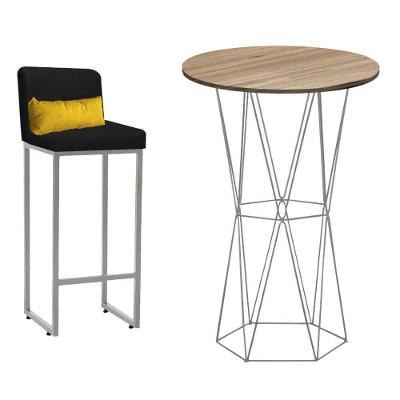 Kit Mesa Bistrô E 1 Banqueta Tampo Castanho Ferro Prata Corino Preto E Almofada Amarelo