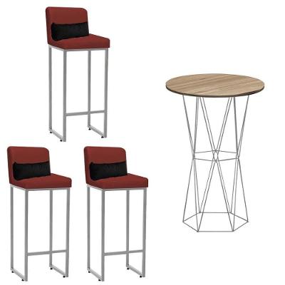 Kit Mesa Bistrô Flork E 3 Banqueta Lucca Tampo Carvalho Ferro Cinza Suede Vermelho E Almofada Preto