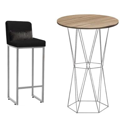 Kit Mesa Bistrô E 1 Banqueta Tampo Rústico Ferro Prata Suede Preto E Almofada Cinza